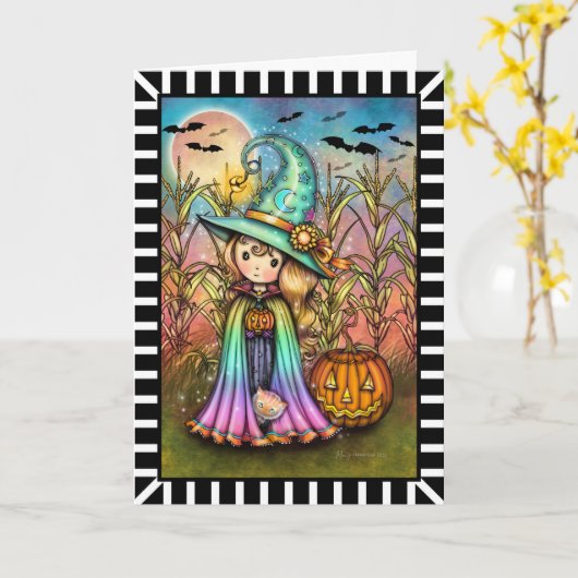 Cute Little Witch and Cat Halloween カード (黄色い花)