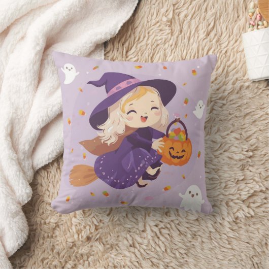 Cute Little Witch Halloween Pillow クッション (ブランケット)