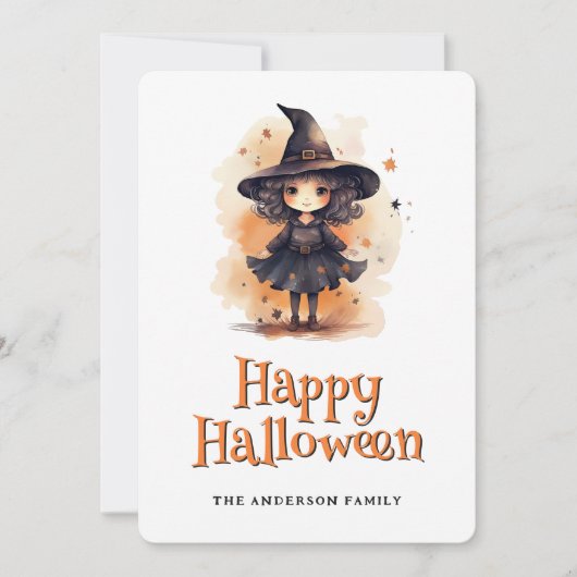 Cute Little Witch In A Hat Happy Halloween Card シーズンカード (正面)
