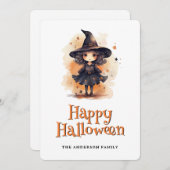 Cute Little Witch In A Hat Happy Halloween Card シーズンカード (正面/裏面)