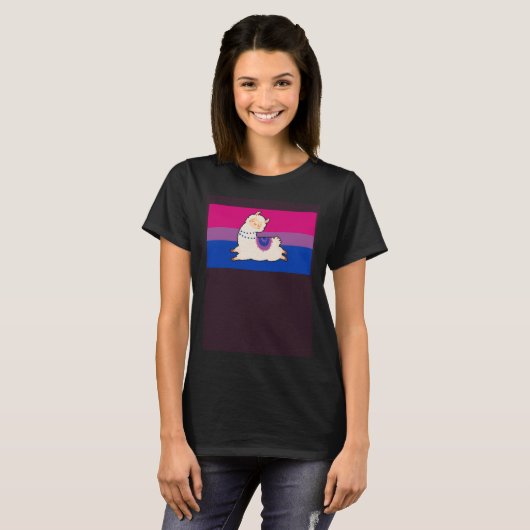 Cute Llama Alpaca Love Bisexual Pride Flag Floral Tシャツ (正面フル)