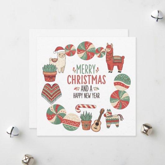 Cute Llama and Poncho Andean Christmas Card シーズンカード (正面/裏面インサイチュ)