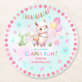 Cute Llama Fun Cactus Colorful Girl Birthday ラウンドペーパーコースター