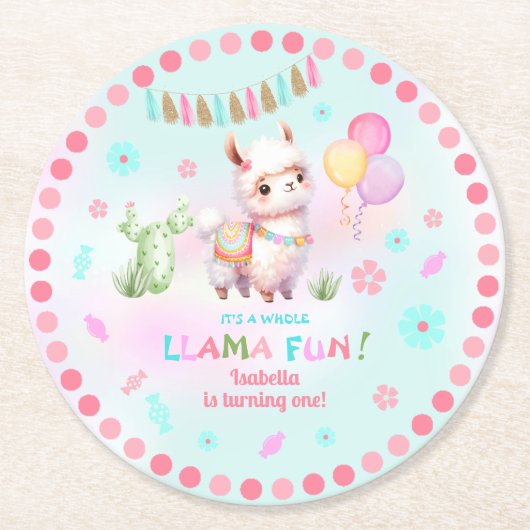 Cute Llama Fun Cactus Colorful Girl Birthday ラウンドペーパーコースター (正面)