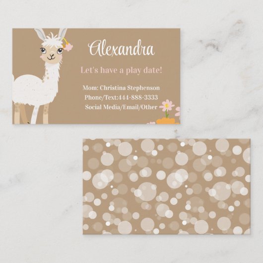 Cute Llama Kids Childrens Animal Calling Play Date 名刺 (正面/裏面)