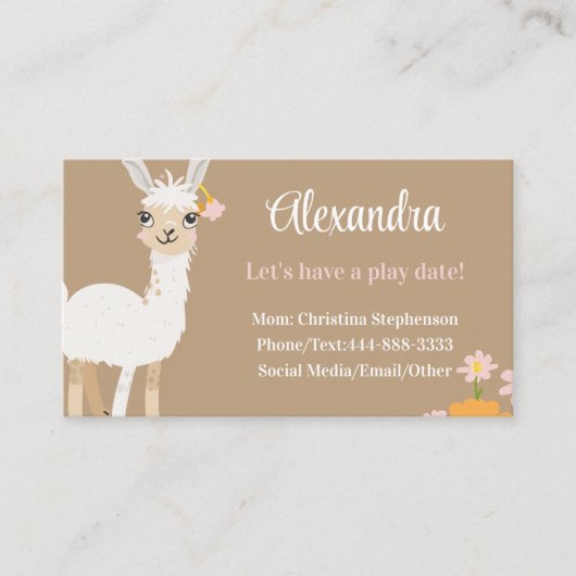 Cute Llama Kids Childrens Animal Calling Play Date 名刺 (正面)