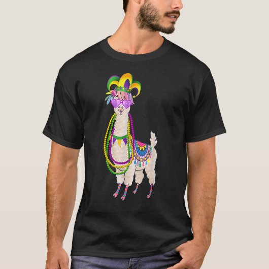 Cute Llama Mardi Gras Beads Mask Carnival Party Me Tシャツ (正面)