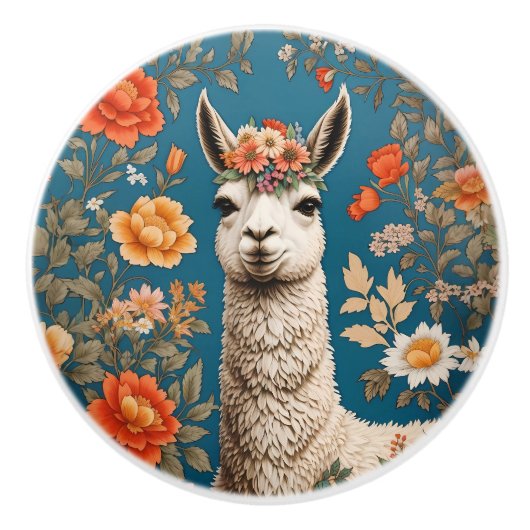 Cute Llama William Morris Inspired Floral セラミックノブ (正面)