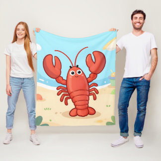 Cute lobster at the beach フリースブランケット