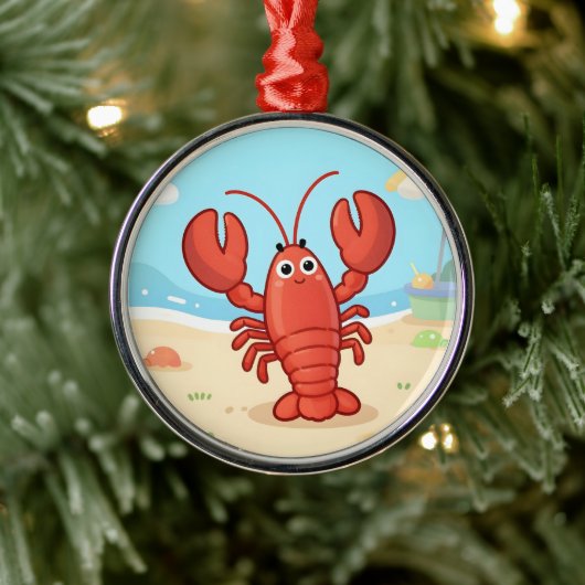 Cute lobster at the beach メタルオーナメント (ツリー)