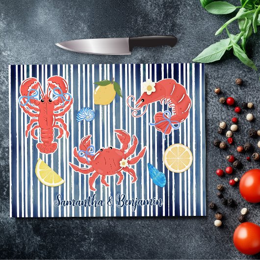 Cute lobster crab lemons crustaceans striped カッティングボード