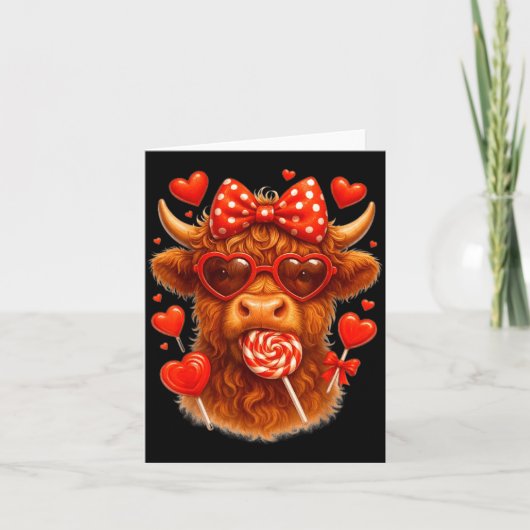 Cute Lollip Highland Cow Valentine's Day Red Heart カード (正面)