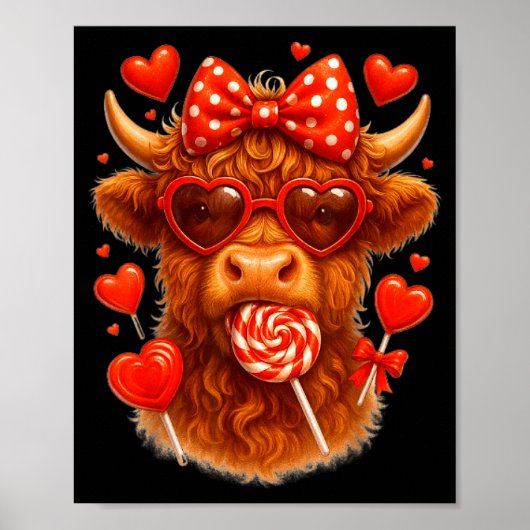 Cute Lollip Highland Cow Valentine's Day Red Heart ポスター (正面)