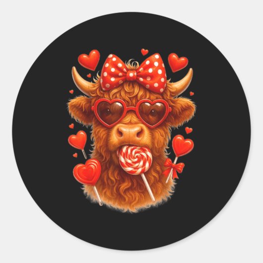 Cute Lollip Highland Cow Valentine's Day Red Heart ラウンドシール (正面)
