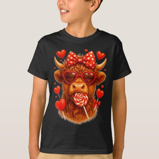 Cute Lollip Highland Cow Valentine's Day Red Heart Tシャツ (正面)