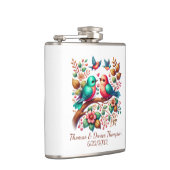 Cute love birds add name date Bride Groom  フラスク (右)