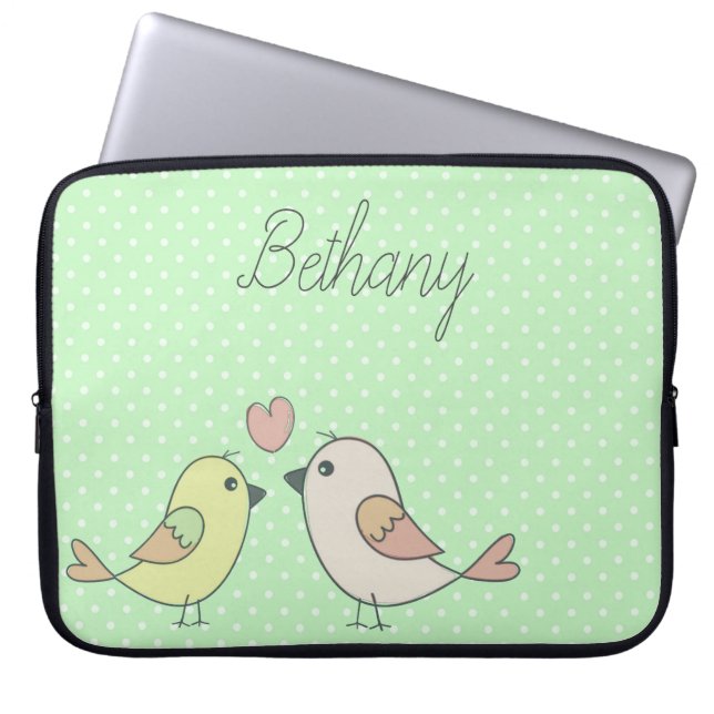 Cute Love Birds on Mint Green Polka Dot ラップトップスリーブ (正面)