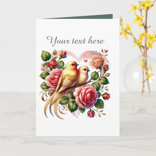 Cute love birds Wedding add text  カード (黄色い花)
