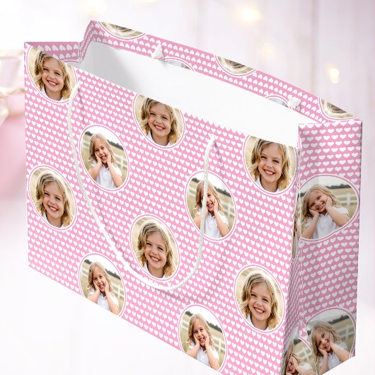 Cute Love Heart 2 Photo Pretty Pink Pattern ラージペーパーバッグ