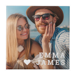 Cute Love Heart Photo Couples Personalized Names タイル