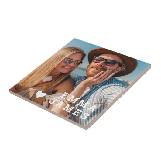 Cute Love Heart Photo Couples Personalized Names タイル (側面)