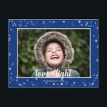 Cute Love & Light Stars Hanukkah シーズンポストカード<br><div class="desc">Cute and fun, this holiday postcard is the perfect way to send season's greetings to friends and family. Features white and silver stars and snow on a blue background. Change the photo template to your own. The front and back have text that can be changed to fit your family name...</div>