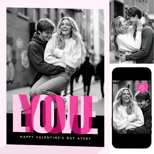 Cute Love You 3 Photos Valentine's Day Black Pink カード