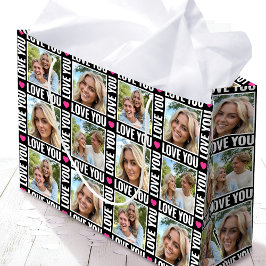 Cute Love You 4 Photo Collage Black Pink Heart ラージペーパーバッグ