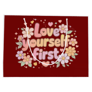 Cute Love Yourself Floral Quote Design | Gift Bag ラージペーパーバッグ