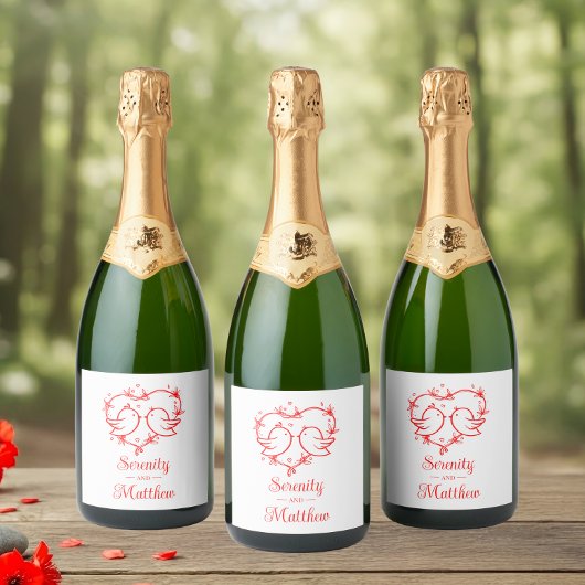 Cute Lovebirds Boho Red Heart Garden Wedding スパークリングワインラベル