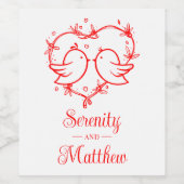 Cute Lovebirds Boho Red Heart Garden Wedding ワインラベル (シングルラベル)