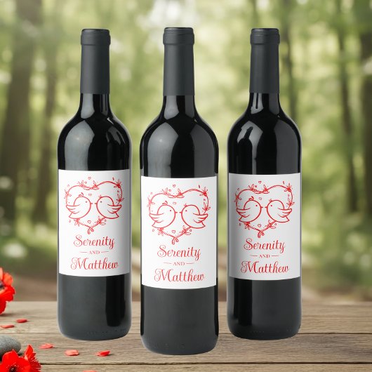 Cute Lovebirds Boho Red Heart Garden Wedding ワインラベル