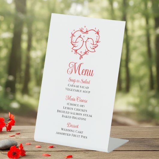 Cute Lovebirds Boho Red Heart Garden Wedding Menu 台座サイン