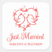 Cute Lovebirds Boho Red Heart Just Married Wedding スクエアシール (正面)