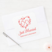 Cute Lovebirds Boho Red Heart Just Married Wedding スクエアシール (封筒)