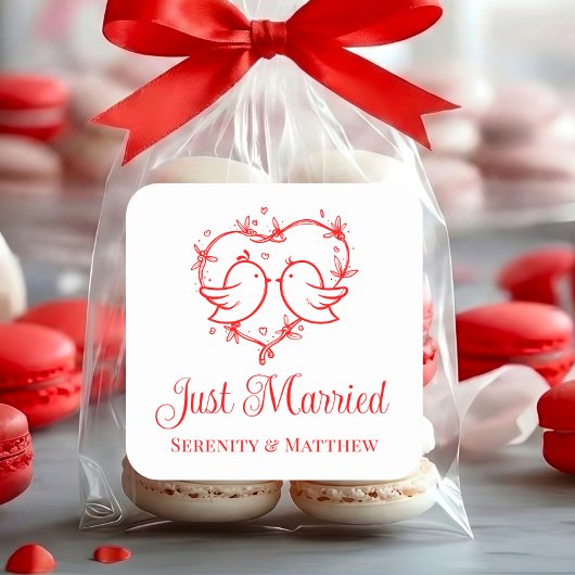 Cute Lovebirds Boho Red Heart Just Married Wedding スクエアシール