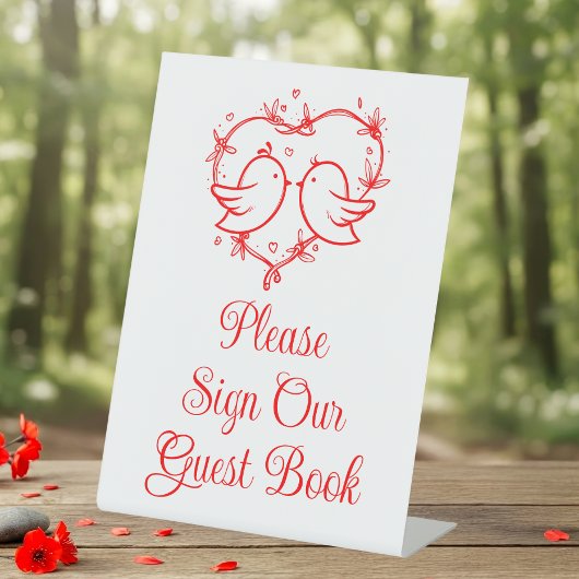 Cute Lovebirds Boho Red Heart Wedding Guest Book 台座サイン