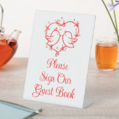Cute Lovebirds Boho Red Heart Wedding Guest Book 台座サイン (インサイチュ)