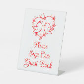 Cute Lovebirds Boho Red Heart Wedding Guest Book 台座サイン (正面)