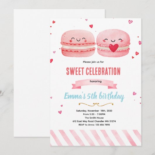 Cute macaroon theme party invitation 招待状 (正面/裏面)