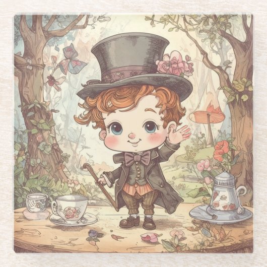 Cute Mad Hatter Whimsical Wonderland Woodland Art ガラスコースター (正面)