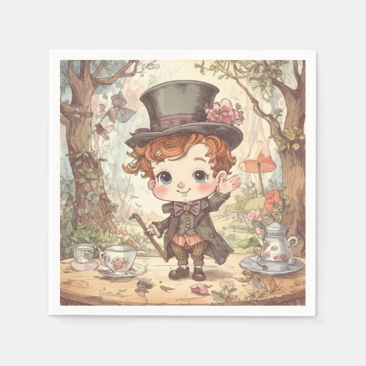Cute Mad Hatter Whimsical Wonderland Woodland Art スタンダードカクテルナプキン (正面)