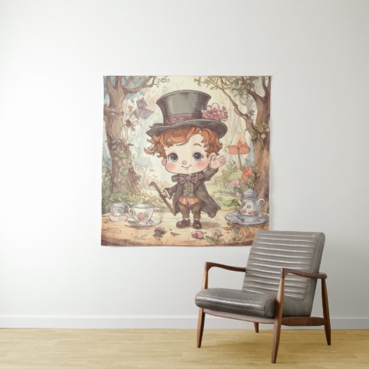 Cute Mad Hatter Whimsical Wonderland Woodland Art タペストリー (インサイチュ)