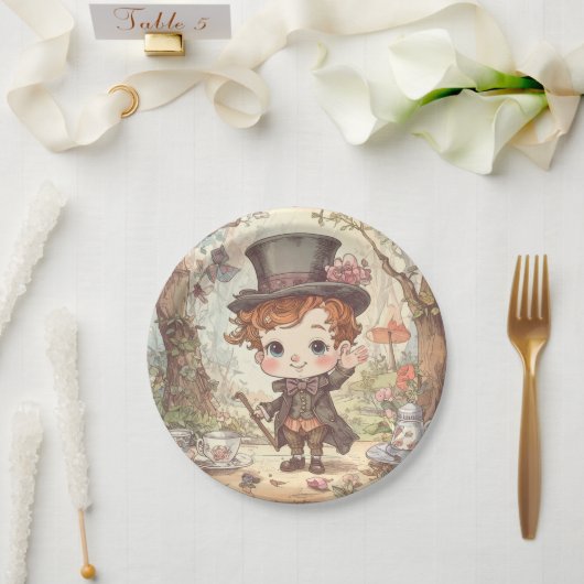 Cute Mad Hatter Whimsical Wonderland Woodland Art ペーパープレート (ウェディング)