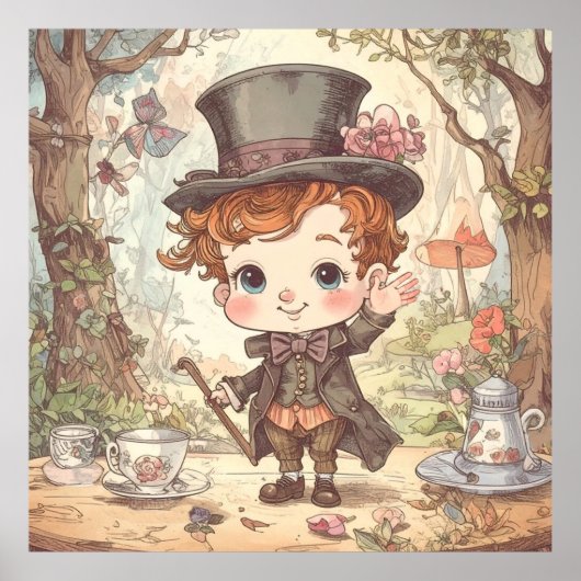 Cute Mad Hatter Whimsical Wonderland Woodland Art ポスター (正面)