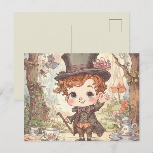 Cute Mad Hatter Whimsical Wonderland Woodland Art ポストカード (正面/裏面)
