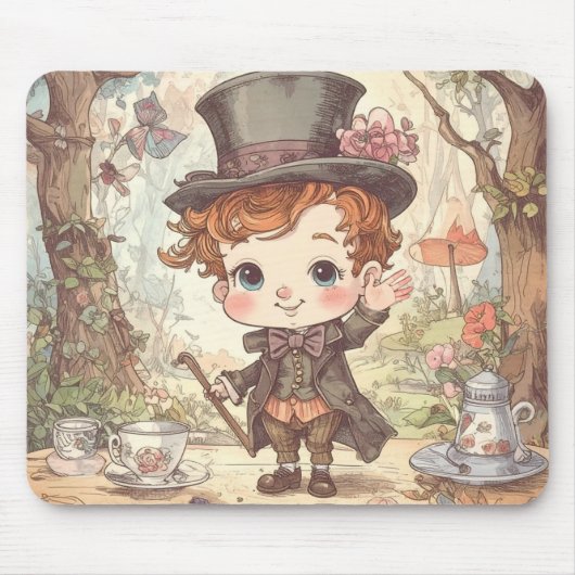 Cute Mad Hatter Whimsical Wonderland Woodland Art マウスパッド (正面)