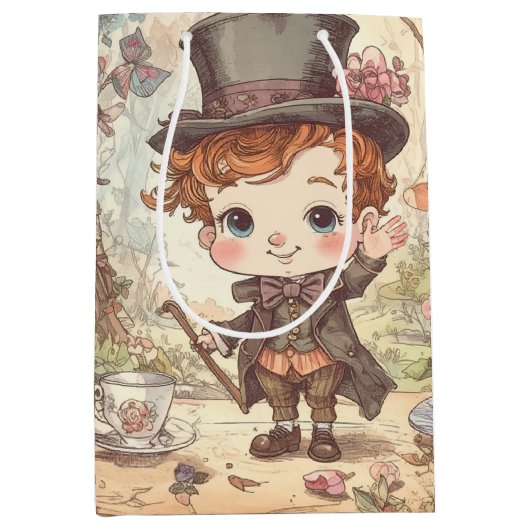 Cute Mad Hatter Whimsical Wonderland Woodland Art ミディアムペーパーバッグ (正面)