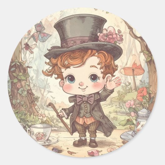Cute Mad Hatter Whimsical Wonderland Woodland Art ラウンドシール (正面)