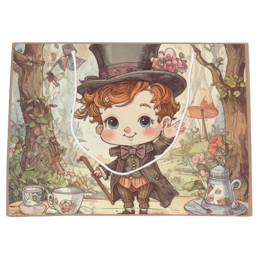 Cute Mad Hatter Whimsical Wonderland Woodland Art ラージペーパーバッグ (正面)